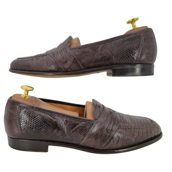 Neiman Marcus Exotic Teju Lizard Brown Dress Shoes Men 8.5 Handmade Penny Loafer - Picture 4 of 11